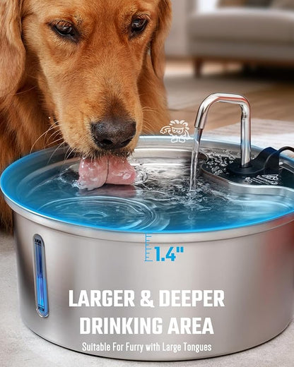 Dog Water Fountain Stainless Steel, 7L/1.8Gal Pet Fountain Water Bowl with Multi-Filtration & Deeper Drinking Aera, Large cat Water Fountain with Water Window & LED, Ultra-Quiet