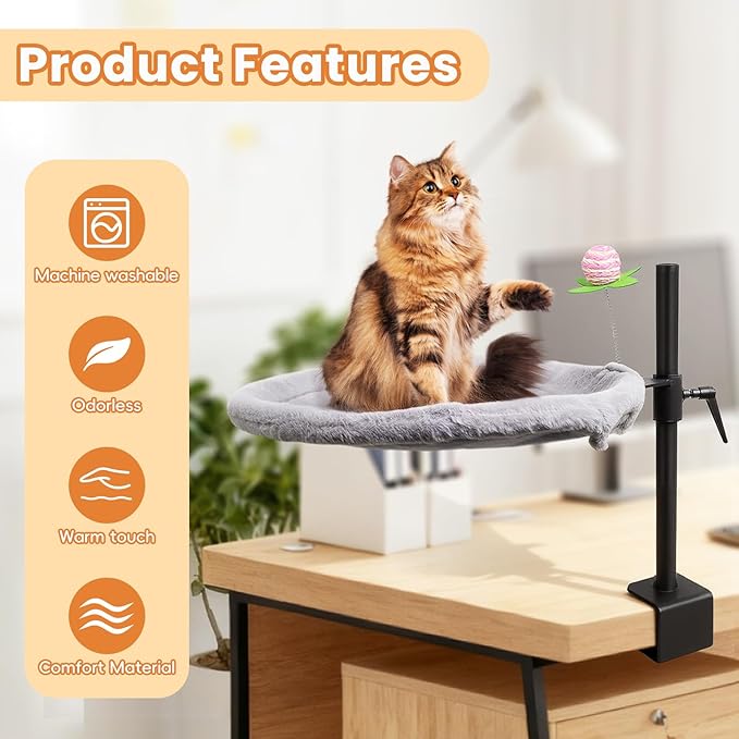 16-Inch Cat Desk Bed - 360° Rotating & Adjustable, Soft Faux Fur, Supports Up to 44lbs, Removable & Washable, Modern Indoor Cat Furniture for Office Desks, Gaming Tables & Island Tables (Round)