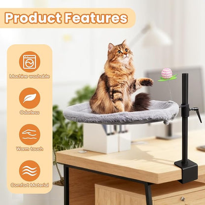 16-Inch Cat Desk Bed - 360° Rotating & Adjustable, Soft Faux Fur, Supports Up to 44lbs, Removable & Washable, Modern Indoor Cat Furniture for Office Desks, Gaming Tables & Island Tables (Round)