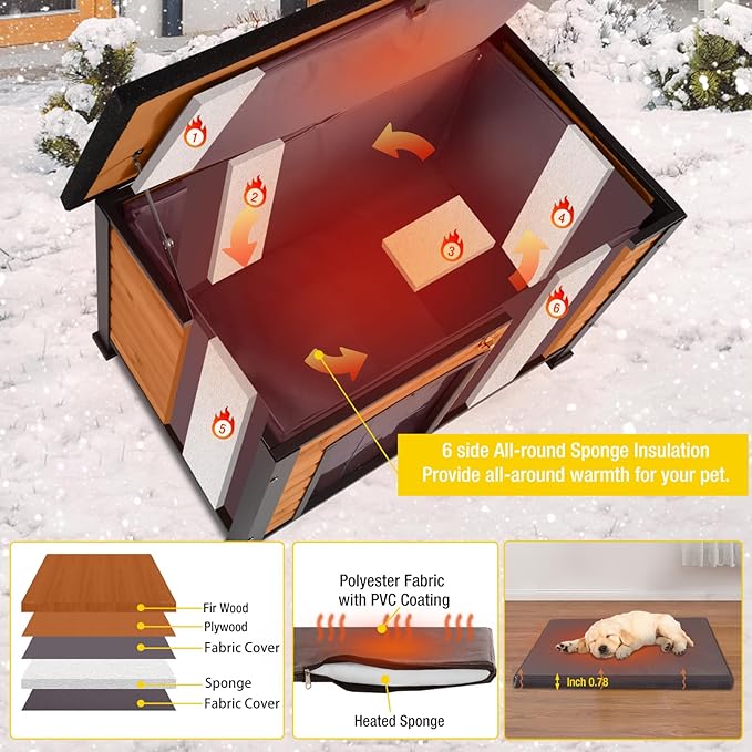 Aivituvin Dog House Outdoor & Indoor Wooden Dog Kennel for Winter with Raised Feet Weatherproof for Small & Medium & Large Dogs,Unique All-Around Iron Frame (Brown, M)