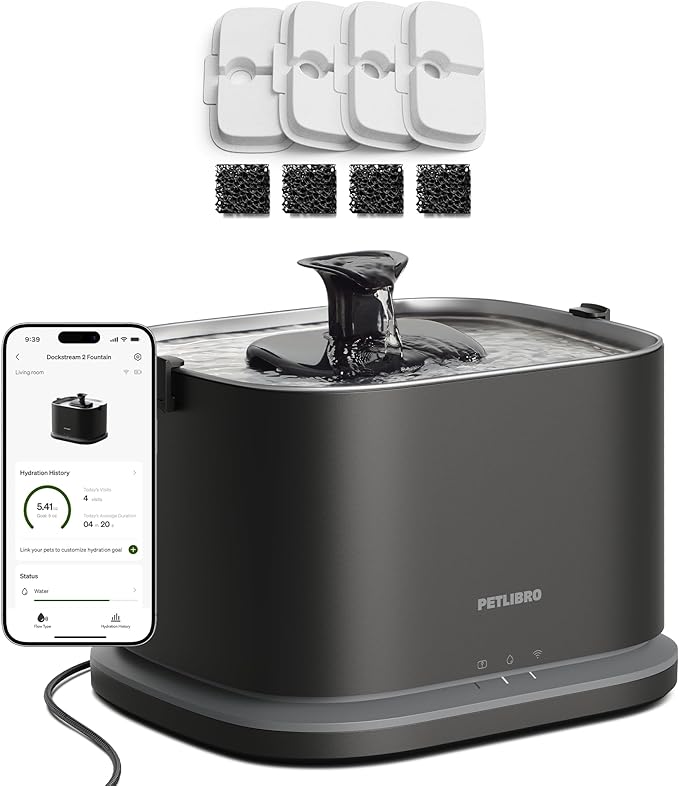 PETLIBRO Upgrade Cat Water Fountain + 4 Packs Genuine Cat Fountain Filter Replacement, Dockstream 2 Smart App Monitoring 5G WiFi Auto Cat Fountain Stainless Steel Tray for Drinking, 3L/101oz