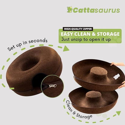 CATTASAURUS Peekaboo Cat Cave for Multiple & Large Cats Up to 30-45 Lbs, Scratch Detachable & Washable Tunnel Bed, Comfy Donut Cat Cave (Brown, Jumbo)