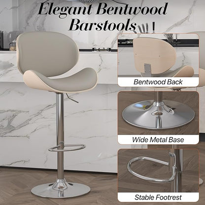 Adjustable Swivel Bar Stools 1 PC, Modern Bentwood Barstool with Large Metal Base and Footrest, PU Leather Upholstered Bar Chair with Curved Back for Kitchen Island Dining Room, Gray