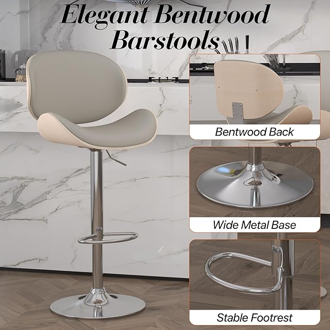 Adjustable Swivel Bar Stools Set of 2, Modern Bentwood Barstool with Large Metal Base and Footrest, PU Leather Upholstered Bar Chair with Curved Back for Kitchen Island Dining Room, Gray