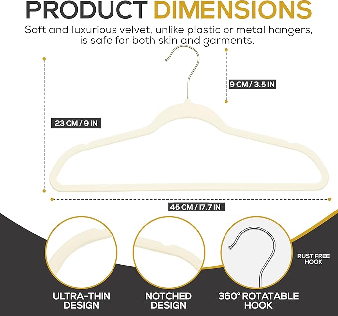 Premium Velvet Hangers 30 Pack Ultra Thin Non Slip Adult Felt Space Saving Suit Hanger for Closet Heavy Duty Coat Pants Jackets Dress Hangers 360° Swivel Hook Hold Upto 10 lbs Ivory