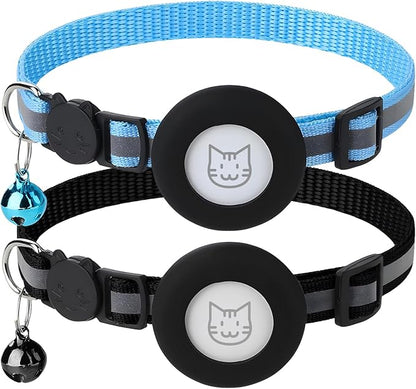 2 Pack Airtag Cat Collar with Bell, Reflective Nylon Kitten Collar with Apple Air Tag Holder and Breakaway Safety Buckle for Puppy Girl Boy Cats, 3/8" in Width and Lightweight, Black/Blue