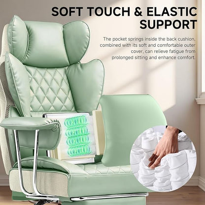 COMHOMA Big and Tall Office Chair, High Back Leather Gaming Chair with Footrest, Executive Ergonomic Office Chairs with Pocket Spring Lumbar Support and with Outward Fixed Soft Armrests