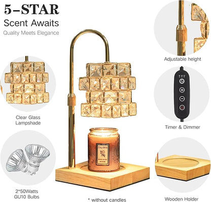 Crystal Candle Warmer Lamp With 2 Bulbs - Adjustable Height, Dimmable, Compatible With Large Jar Candles - Amber Glass, Home Decor Gift for Mom
