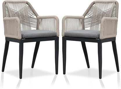PURPLE LEAF Patio Dining Chair Set 2 Pieces Metal Modern Furniture Seating for Garden Kitchen Porch Outdoor Rattan Dining Chairs with Armrests and Cushions, Dark Grey