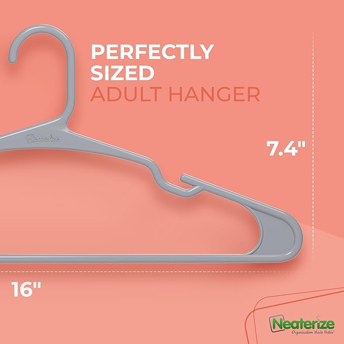 NEATERIZE Clothes Hangers Plastic 100 Pack for Adults - Plastic Hangers, The Perfect Coat Hanger and Space Saving Clothes Hangers for Closet, Percheros Ganchos para Colgar Ropa Hangars - Grey Hangers