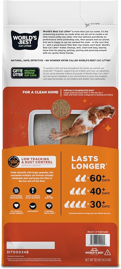 WORLD'S BEST CAT LITTER Low Tracking & Dust Control Multiple Cat Unscented 32-Pounds - Natural Ingredients, Quick Clumping, Flushable & Made in USA - Long-Lasting Odor Control & Easy Scooping