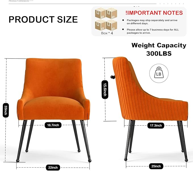 Velvet Dining Chairs Set of 8,Orange Upholstered Living Room Chairs with Black Metal Legs, Modern Tufted Accent Chairs for Living Room, Study Room, Kitchen