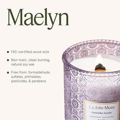 LA JOLIE MUSE Lavender Suede Candle – Eucalyptus, Lavender & Sandalwood 19 oz Large Wooden Wick Candle | Natural Soy Wax | 90 Hours Clean Burn | Aromatherapy Candle for Relaxation