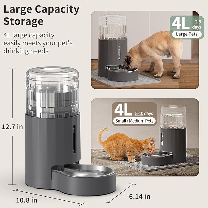 Cat Water Dispenser with Placemat and Stainless Steel Bowl, Automatic Gravity Water Dispenser for Cats or Small Medium Size Dogs, Large Capacity, Easy to Clean and Safe for Pets (4L)