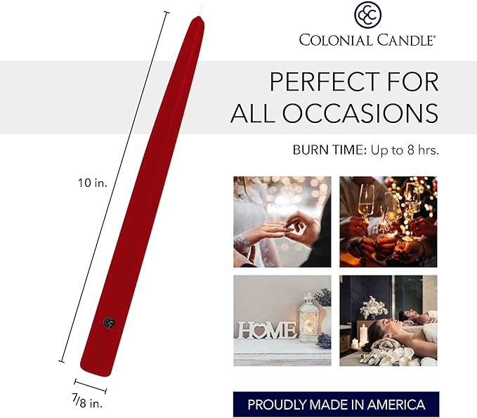 Colonial Candle Unscented Red Taper Candle, 10 inch, Pack of 2 - Up to 8 Hours Burn