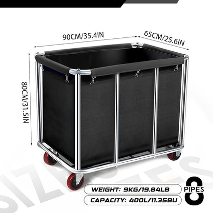 Commercial Laundry Cart with Wheels, 11.35 Bushel Large Laundry Tumbler with Removable Waterproof Canvas Lined Basket, Heavy Duty Stainless Steel Laundry Basket for Hotels and Hospitals