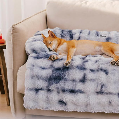 FUNNY FUZZY Pet Fluffy Plush Calming Dog Couch Bed Sofa Protector Washable Pets Mat for Large Medium Small Dogs and Cats (Tie-dye Blue,47.24 × 37.4 × 6.3 in)
