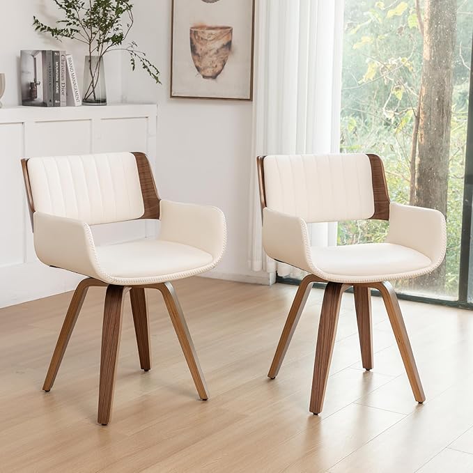 LUNLING Swivel Accent Faux Leather Dining Chairs, Mid Century Modern Chairs with Wooden Legs/Armrest/Upholstered Seat/Adjustable Foots for Kitchen Dining Room Desk Chairs,Beige,1PCS