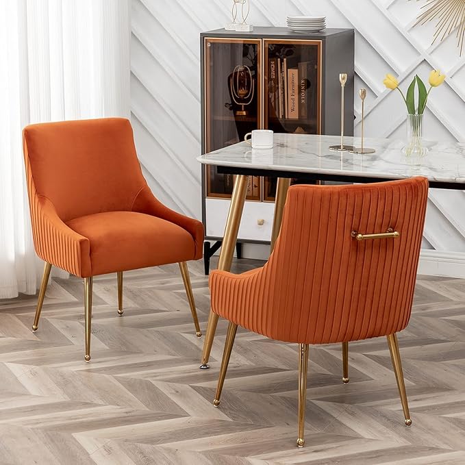 Dining Chairs, Accent Chairs Set of 4, Modern Upholstered Kitchen Dining Room Chairs with Gold Legs, Fabric Tufted Velvet Living Room Chairs for Reception Room Bedroom Guest Room (Orange)
