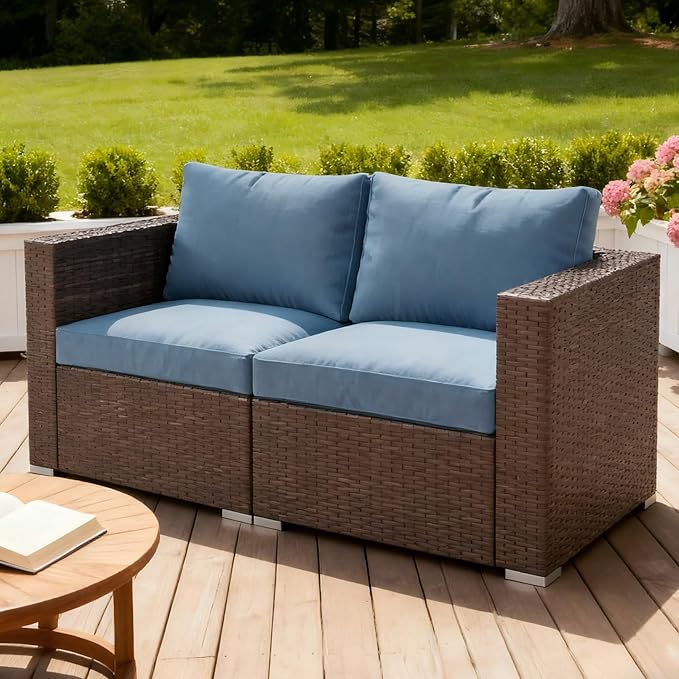 Wisteria Lane Patio Furniture Set, 2 Pieces Wicker Outdoor Furniture Patio Couch with Washable Cushions, Oversized Outdoor Sectional for Garden, Poolside, Backyard, Blue
