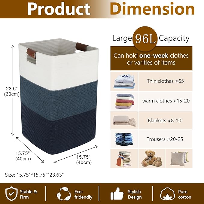 Laundry Hamper 96L Extra Large Laundry Basket, Woven Blanket Basket, Cotton Woven Storage Hamper with Handles for Living Room, Large Baskets for Pillows, Blankets, Clothes-Gradient Blue