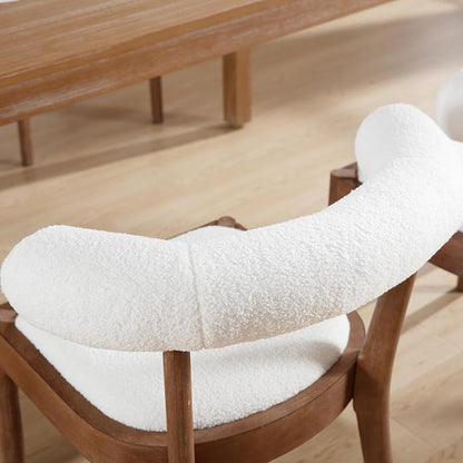Kmax Dining Room Chairs Mid-Century Modern Sherpa Kitchen Chairs with Natural Walnut Finished Frame, Fur Curved Back, Set of 2, White