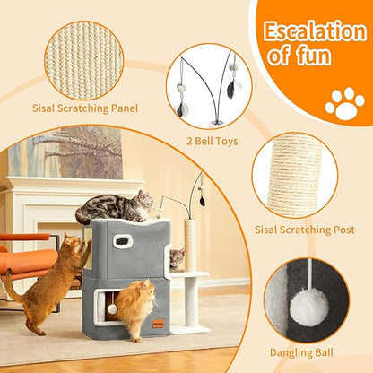 Cat Bed Cave for Indoor Cats with Scratch Pad Cat House Condo Adults with Fluffy Ball Cats Hideaway Large 2-Storey Cube Beds for Pets Grey