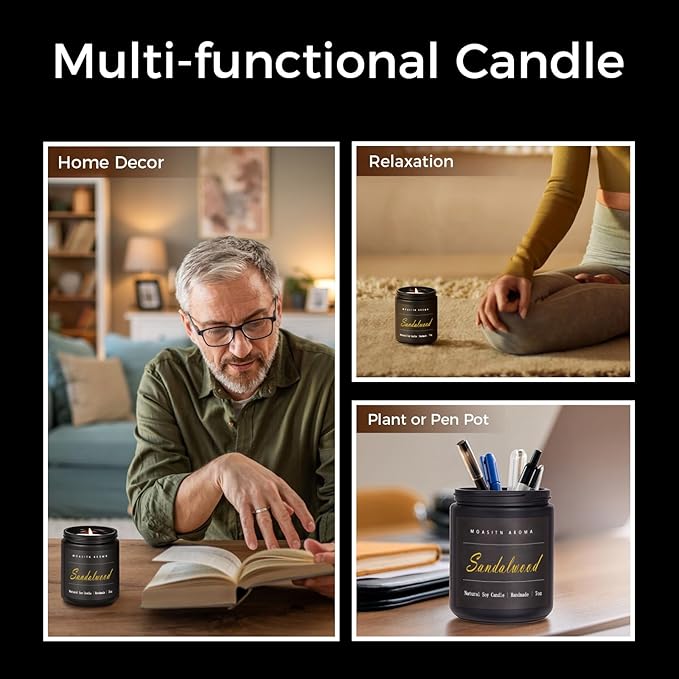 MOASITN Sandalwood Scented Candles for Home| Leather,Sandalwood,Amber Scented Soy Candle| Handmade Longlasting Aromatherapy Candle| Jar Candel Gift for Women,Men for Spring,Birthday,Relaxing|7oz