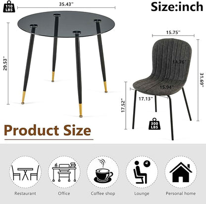Glass Round Dining Table Set for 4, 35.43" Round Kitchen Table Transparent with 4 Upholstered Accent Chairs Space Saving Dining Chairs for Small Spaces