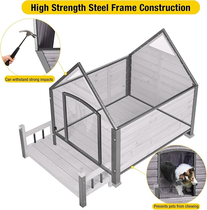 Dog House Outdoor,Dog Kennel Outside for Large Breed, Weatherproof Large Dog Shelter with Anti-Chewing Iron Frame (Grey-N, 45" D x 32.9" W x 32.6" H)