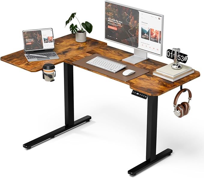 51" Reversiable L-Shaped Electric Standing Desk Adjustable Height Gaming Stand Up Corner Desk Sit Stand Home Office Computer Desk with Splice Board, Rustic Brown Top