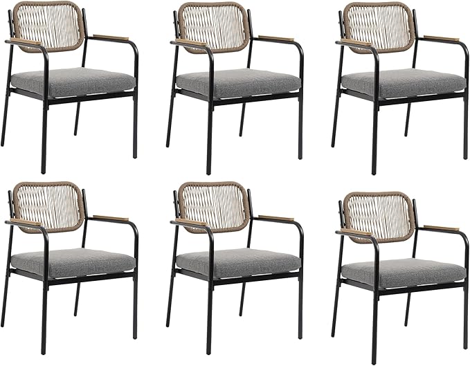 Outdoor Dining Chairs Set of 6, Wicker Patio Dining Chairs with Removable Cushions, Rectangle Patio Table Chair, All Weather Outdoor Chairs, Metal Lawn Chair for Adults/Indoor/Balcony, Gray
