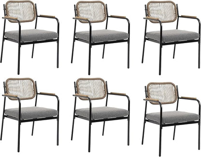 Outdoor Dining Chairs Set of 6, Wicker Patio Dining Chairs with Removable Cushions, Rectangle Patio Table Chair, All Weather Outdoor Chairs, Metal Lawn Chair for Adults/Indoor/Balcony, Gray