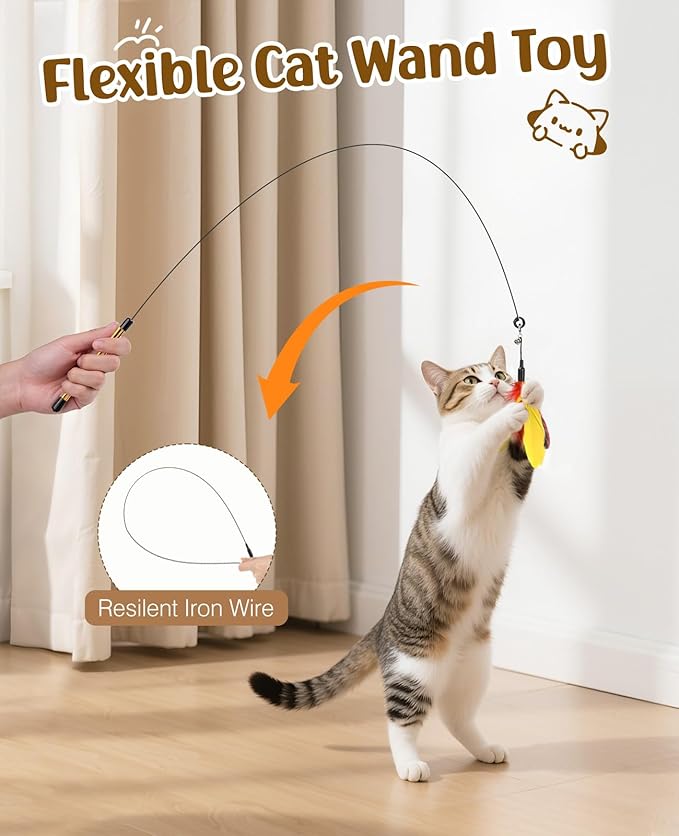 Pawaboo Feather Teaser Cat Toy, Interactive Feather Wand Cats Toy Flying Feathers Cat Catcher with Extra Long 34.5" Wand and Small Bell, Exerciser Playing Toys for Kitten or Cats, Yellow + Red Brown