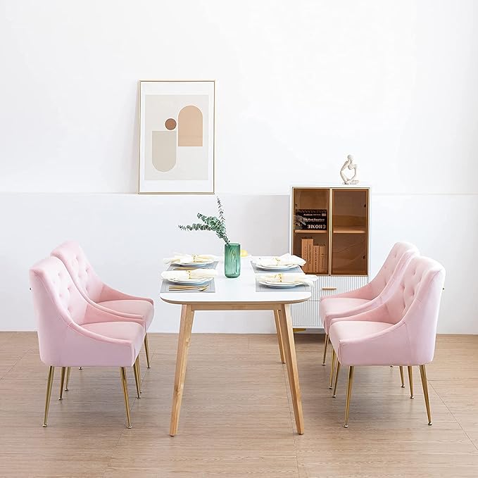 Modern Dining Chairs Set of 4, Mid Century Dining Chairs with 5.12” Cushions and Golden Legs, Velvet Upholstered with Back Pull Rod, for Kitchen, Living Room, Pink