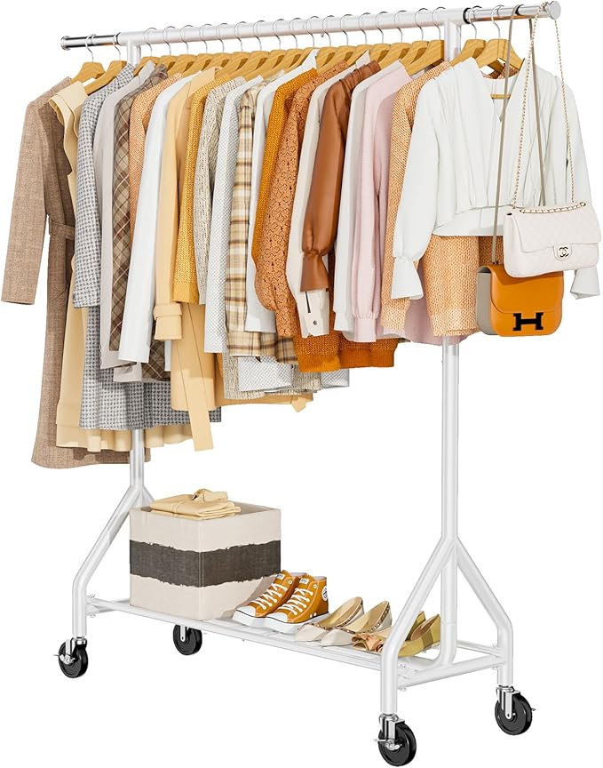 Heavy Duty Clothes Rack Load 450 LBS, Metal Garment Rack, Standing Rolling Clothing Rack for Hanging Clothes with Sturdy Wheels & Shelves, Portable Closet Wardrobe Rack,White