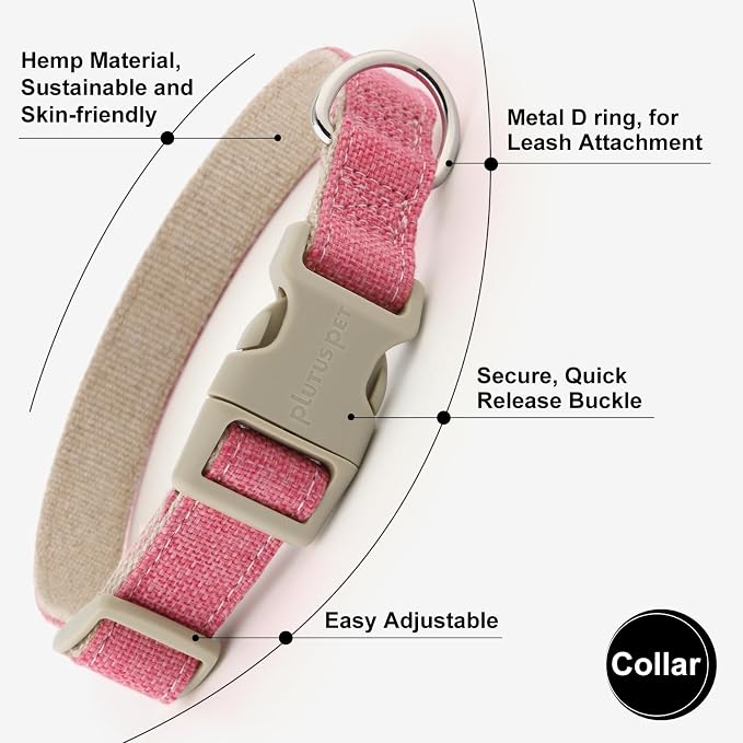 Plutus Pet Cotton Hemp Dog Collar and Leash Set, Adjustable Collar for Small, Medium, and Large Dogs, Heavy Duty and Soft on Skin, Hot Pink, S