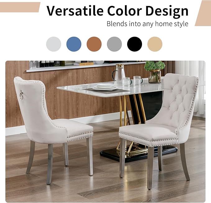 Luxury Upholstered Dining Chairs Set of 4, Grey Kitchen Chair with Silver Metal Legs, Velvet Tufted Back Dining Chair, Sillas de Comedor, Modern Kitchen & Dining Room Chairs (Gray, 4 Pcs)