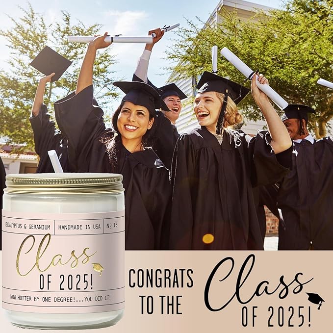 Graduation Gifts for Her "Class of 2025" Soy Candle, w/Eucalypus & Geranium I College Graduation Gifts for Her I 2025 Graduation Gifts I 9oz Reusable Jar, 50Hr Burn, Made in USA