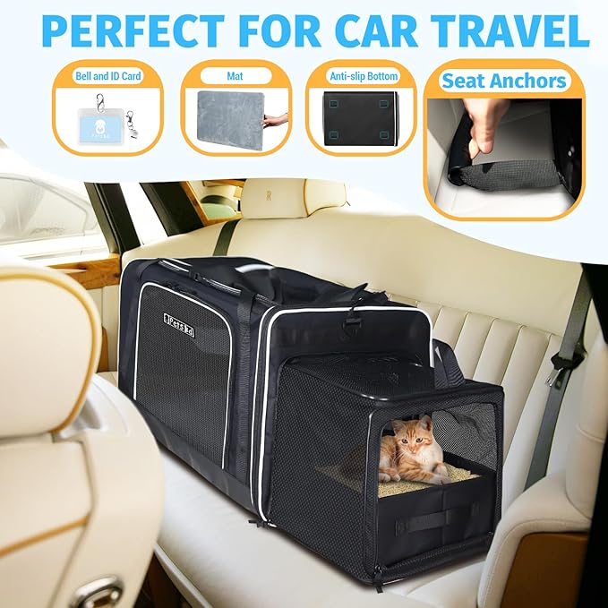 Petskd Side Expandable Extra Large Cat Carrier with Litter Box Area, 24"x17"x17" Soft-Sided Pet Carrier for 2 Cats Under 55 lbs with Zipper Locks for Car Travel(Black)