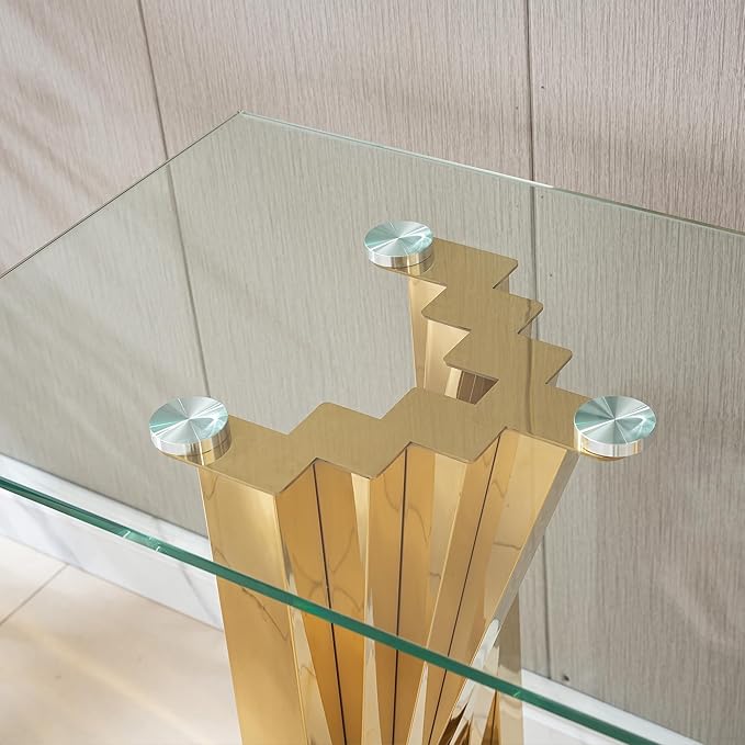 Goujxcy Modern Glass Console Table 55" Gold Entryway Table with Tempered Glass Top and Mirror Finish Stainless Steel Legs, Luxury Rectangular Sofa Table for Living Room Hallway Corridor Table (Gold)