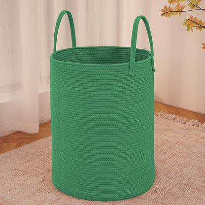 Large Woven Laundry Basket Hamper,80L Cotton Rope Storage Bin for Blankets,Toys and Clothes,Decorative Tall Nursery Hamper for Living Room,Baby Nursery,Bathroom and Bedroom,Dark Green