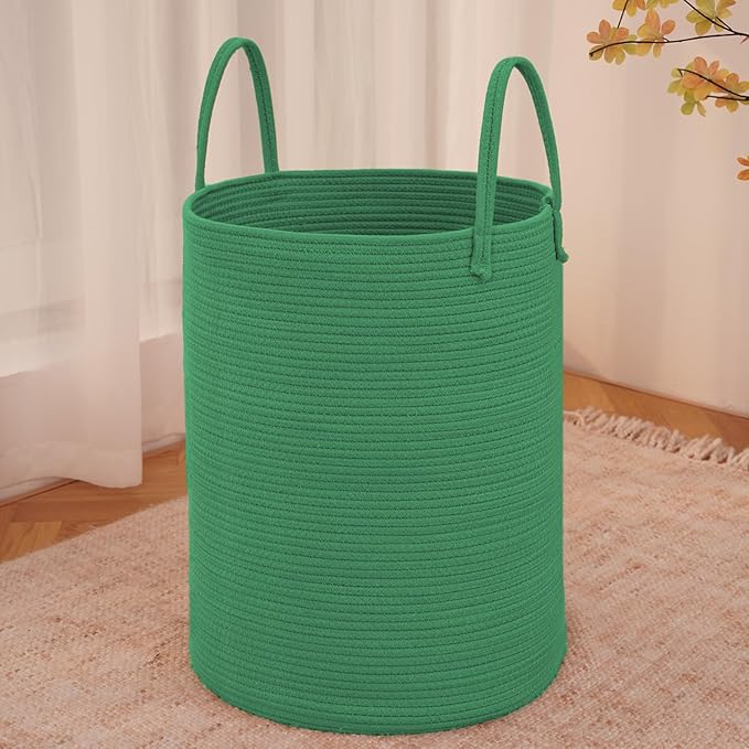 Large Woven Laundry Basket Hamper,60L Cotton Rope Storage Bin for Blankets,Toys and Clothes,Decorative Tall Nursery Hamper for Living Room,Baby Nursery,Bathroom and Bedroom,Dark Green