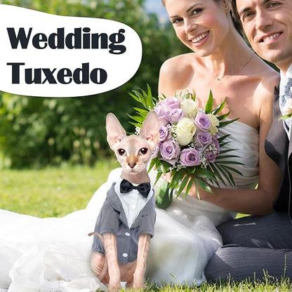 QBLEEV Cat Tuxedo Suit, Cat Halloween Costumes for Cats Only, Sphynx Cat Tuxedo Outfit Costume with Bow Tie, Kitten Formal Attire Wedding Birthday Onesie Clothes for Male Girl Hairless Cats
