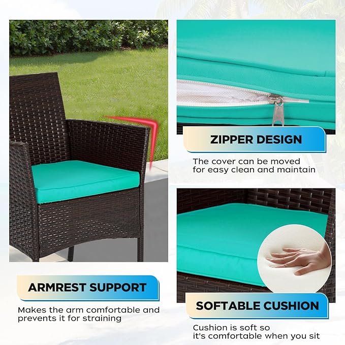 FDW | 3-Piece Patio Furniture Set | Brown & Blue | Outdoor Wicker Furniture with Coffee Table | Modern Rattan Chairs Conversation Set | Outdoor Seating | Weather-Resistant | for Porch, Garden, Lawn