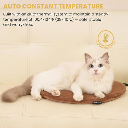 Pet Heating Pad for Cats Dogs Indoor & Sheltered Outdoor Waterproof Heated Cat Bed Heated Dog Bed Chew Resistant Cord Constant Temperature Brown Round 16 Inch