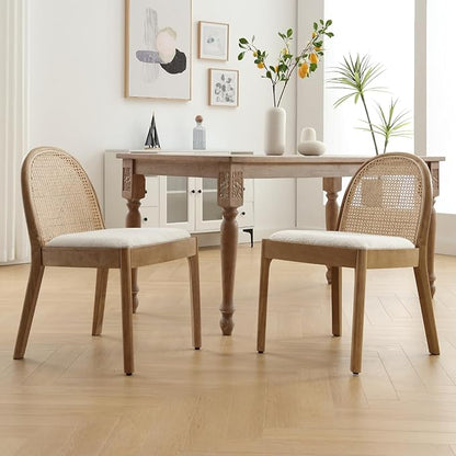 HEAH-YO Rattan Dining Chairs Set of 2, Upholstered Sherpa Dining Room Chairs with Backrests, Modern Kitchen Chairs with Wood Legs for Dining Room, White