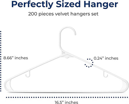 SereneLife White Plastic Hangers 200 Pcs, Durable Hanger Set with Slip Design, Tubular Hangers with 2 Integrated Strap Hooks, Mega Pack for Clothes