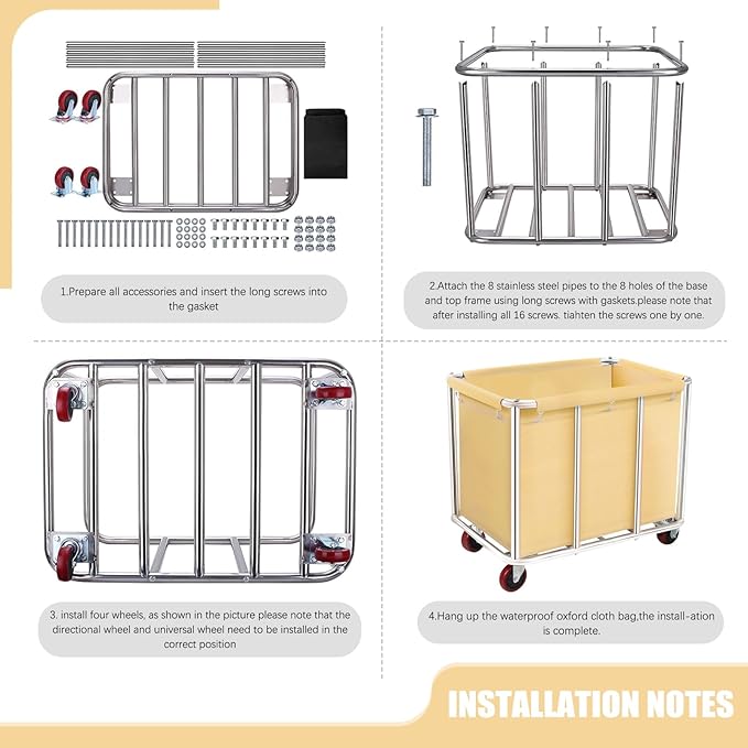 Commercial Laundry Cart with Wheels, 11.35 Bushel Large Laundry Tumbler with Removable Waterproof Canvas Lined Basket, Heavy Duty Stainless Steel Laundry Basket for Hotels and Hospitals