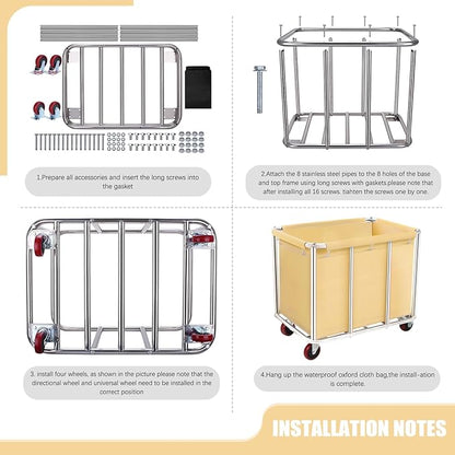 Commercial Laundry Cart with Wheels, 11.35 Bushel Large Laundry Tumbler with Removable Waterproof Canvas Lined Basket, Heavy Duty Stainless Steel Laundry Basket for Hotels and Hospitals